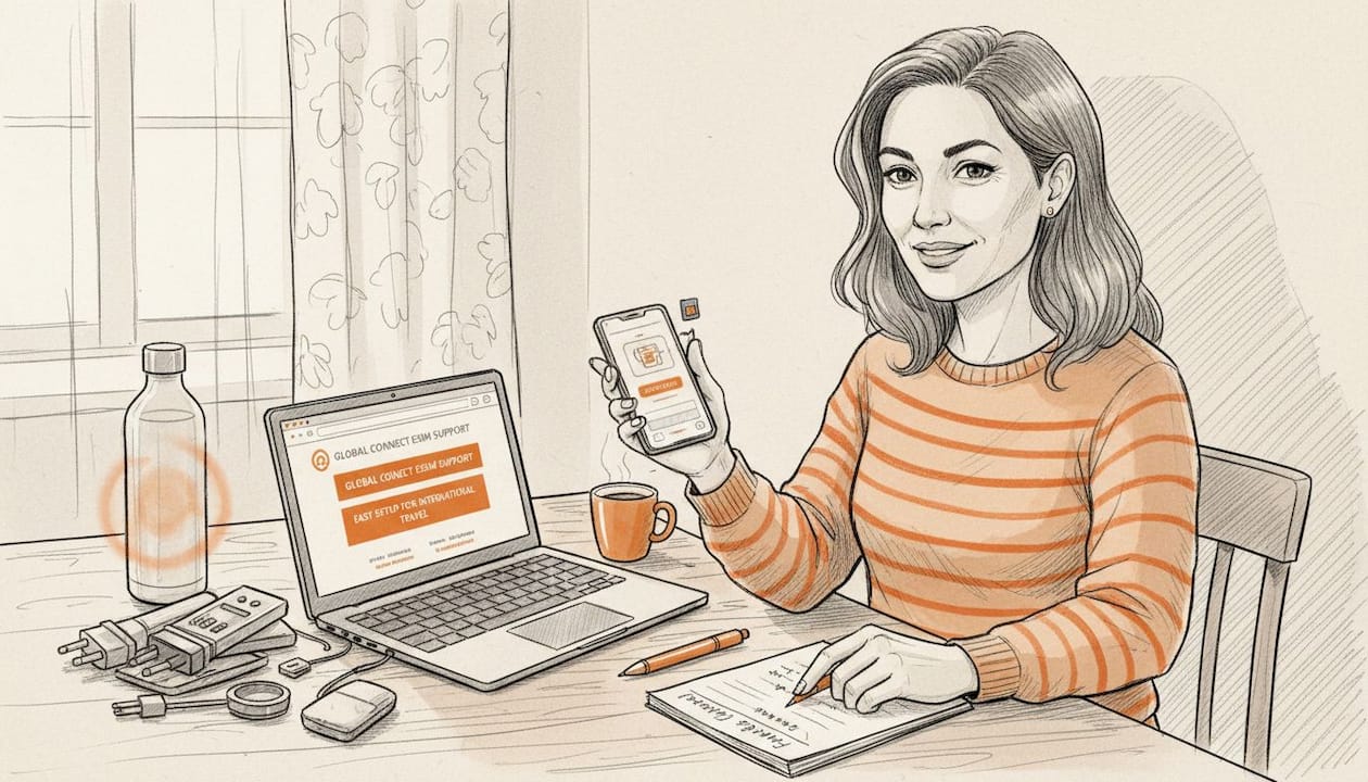 Woman setting up dual SIM phone for travel