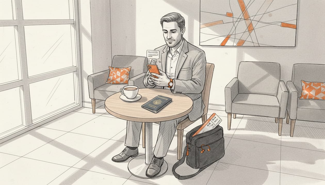Business traveler checking phone in airport