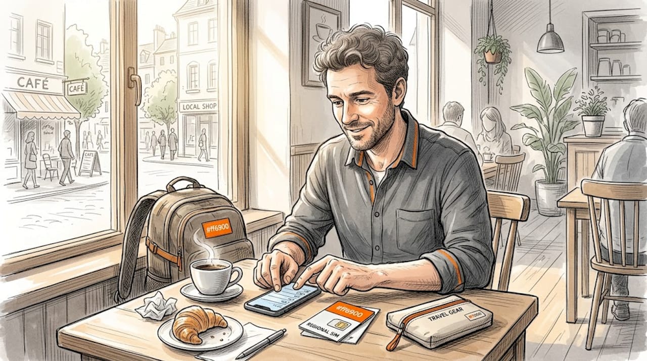 Traveler activating mobile connectivity in café