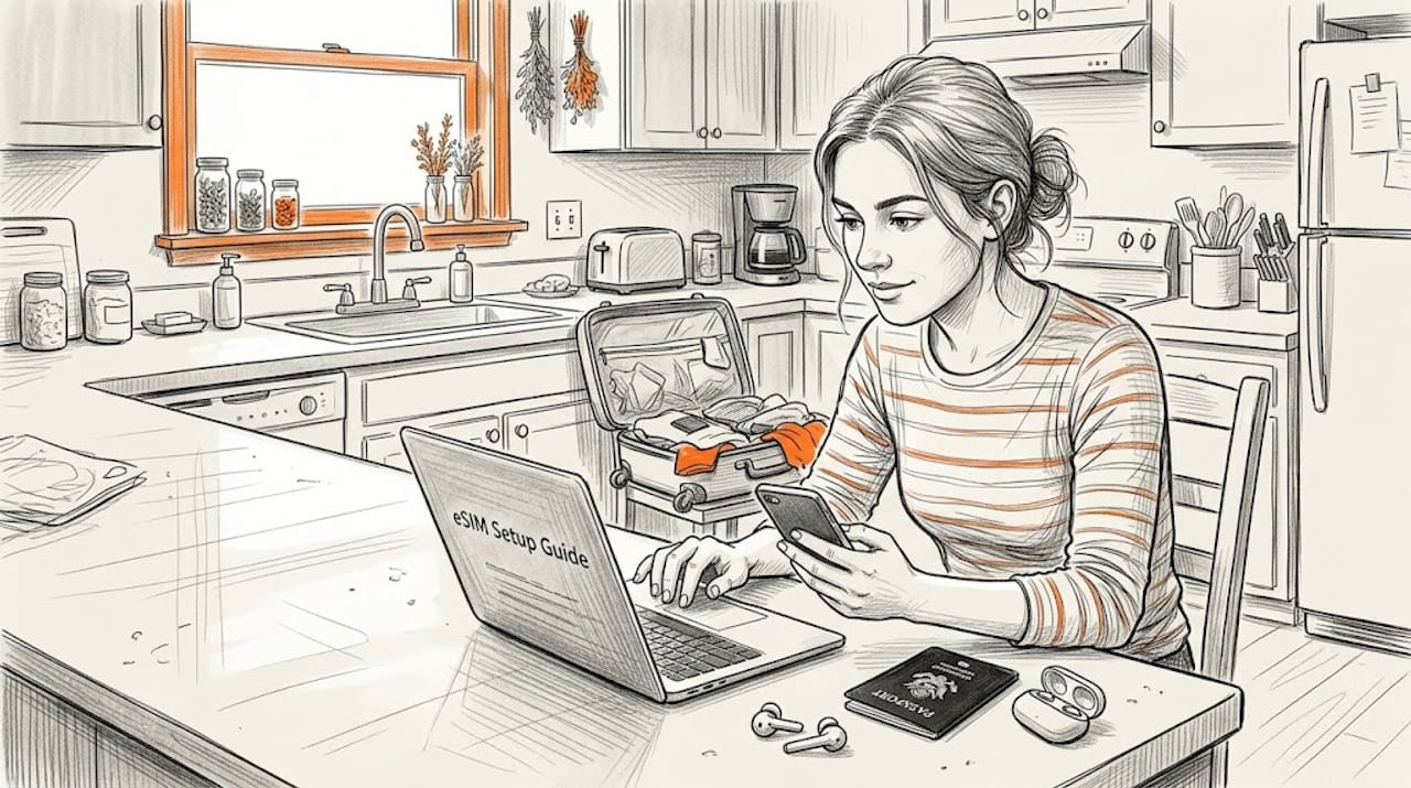 Person setting up phone before travel