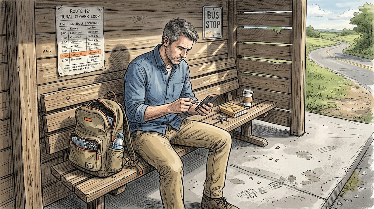 Man changing SIM card at rural bus stop