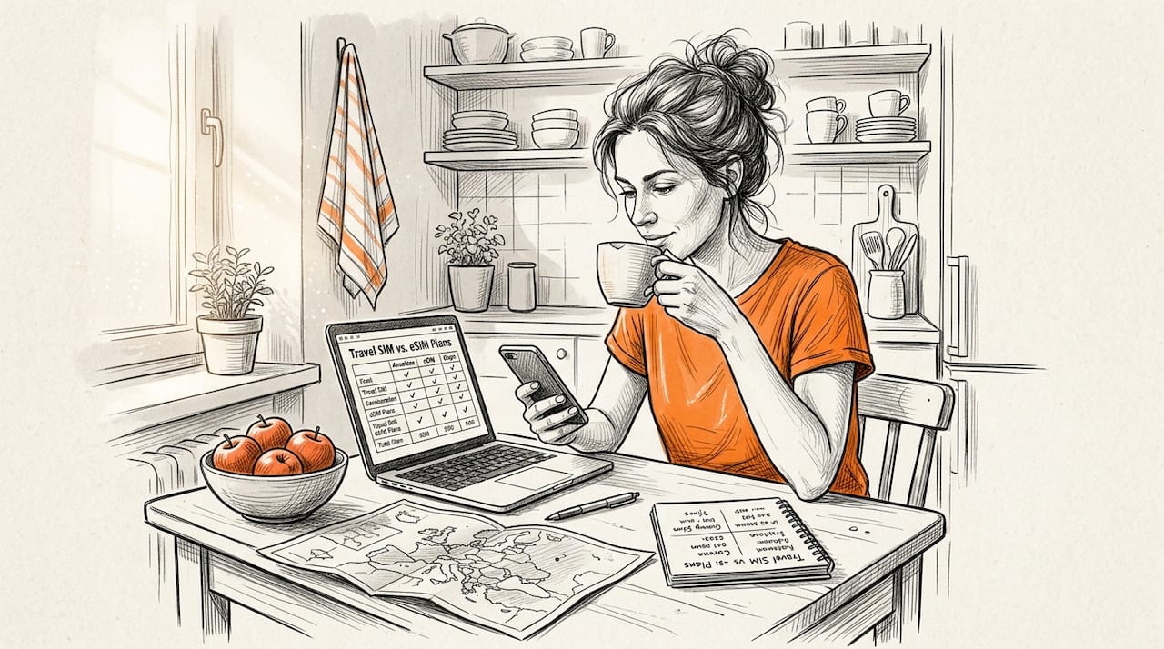 Woman comparing travel SIM and eSIM options