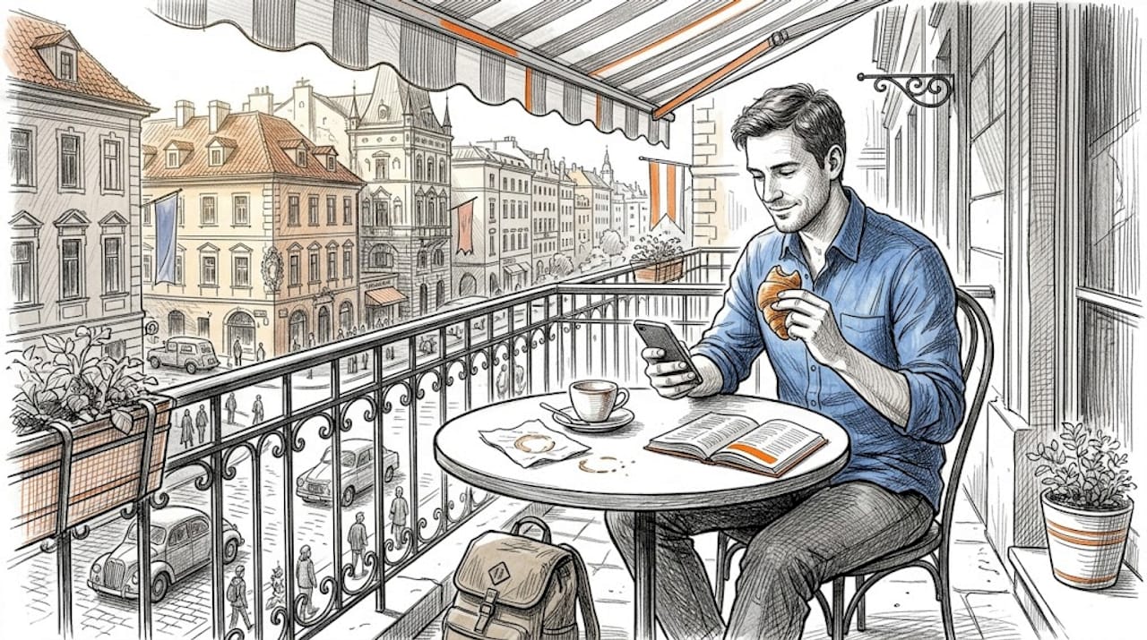 Traveler checking phone in city café