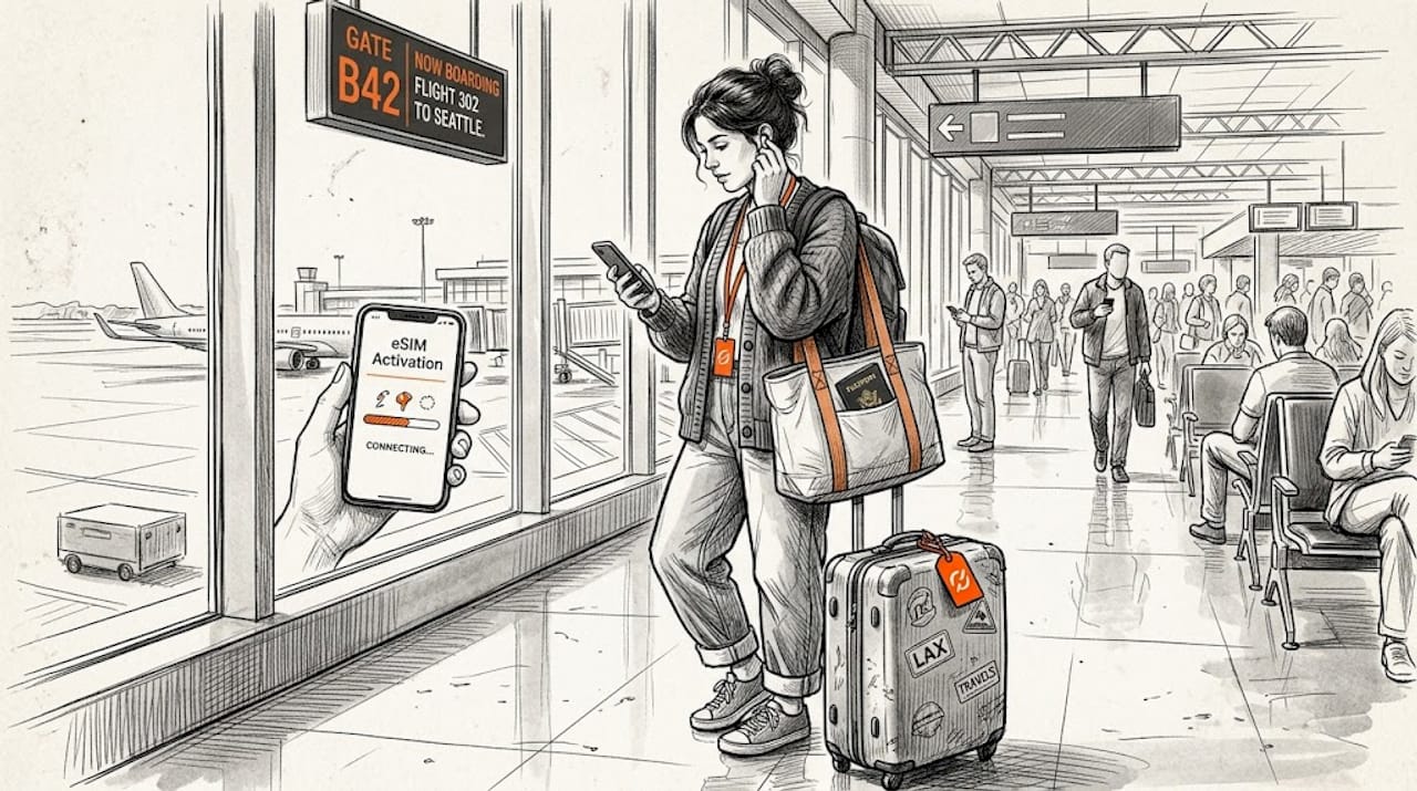 Woman using phone with eSIM at airport