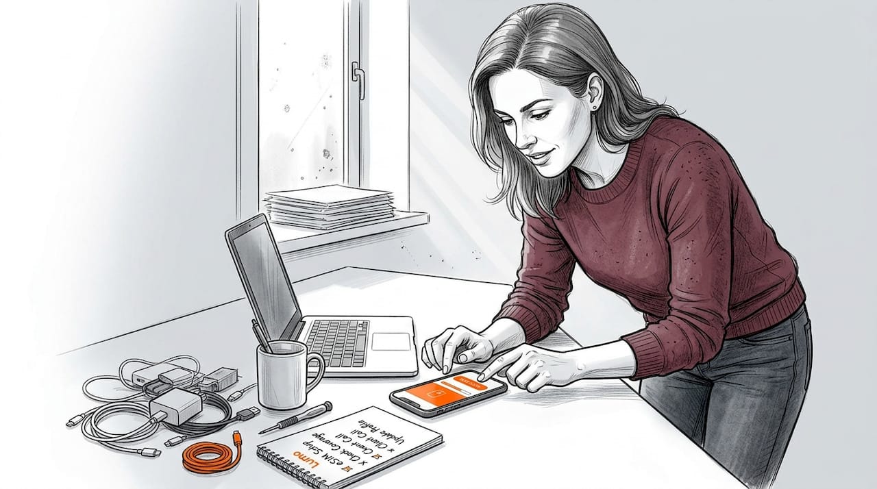 Woman sets up eSIM at home desk