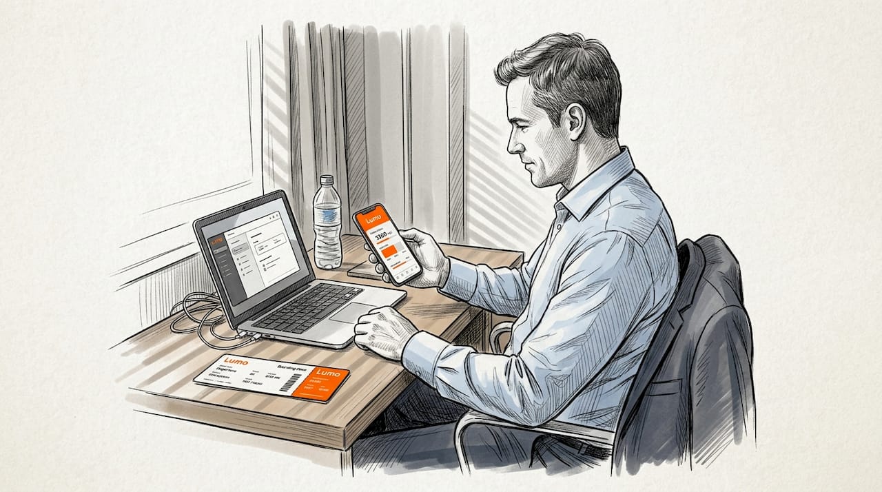 Business traveler checks phone data in hotel