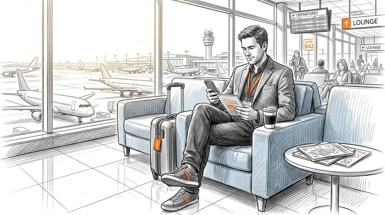 Business traveler using devices in airport lounge