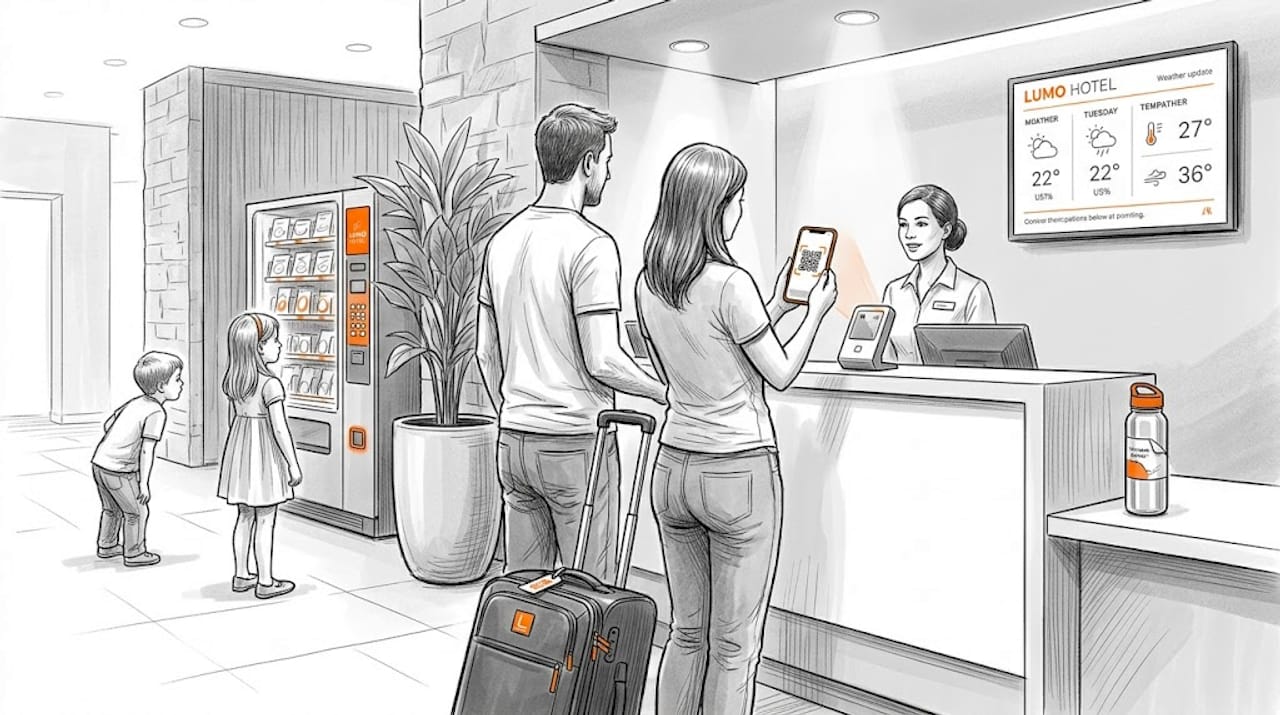 Family checking in at hotel lobby desk