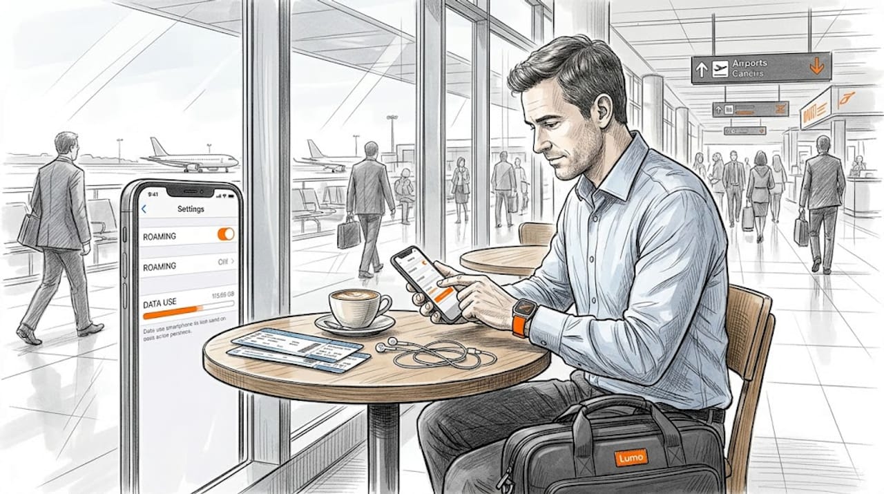 Traveler managing eSIM settings in airport café