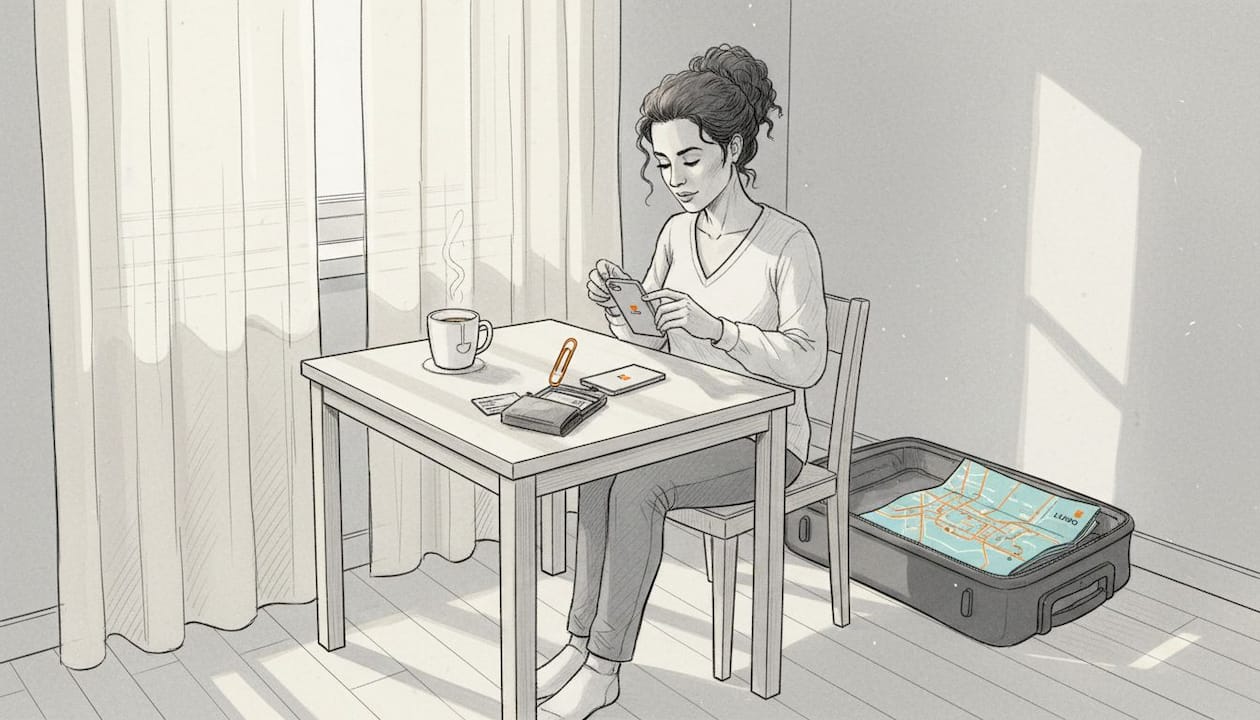 Traveler changing SIM card at kitchen table