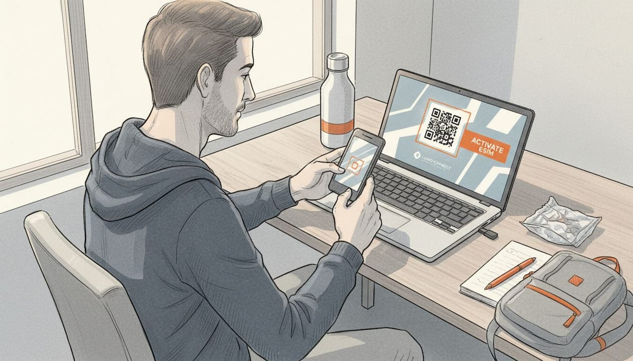 Person activating eSIM profile at coworking desk