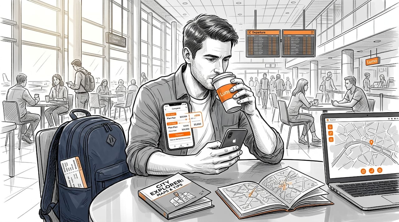 Traveler compares eSIM options in busy airport café