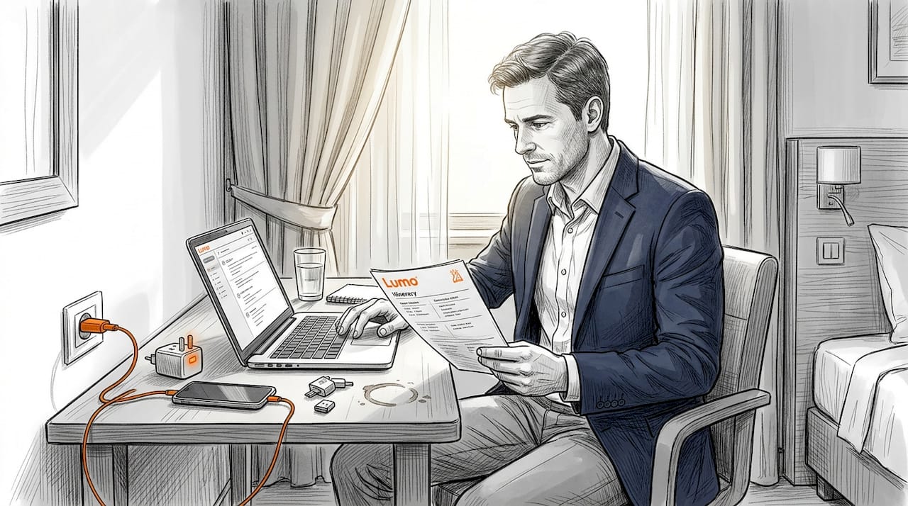 Business traveler working at hotel desk