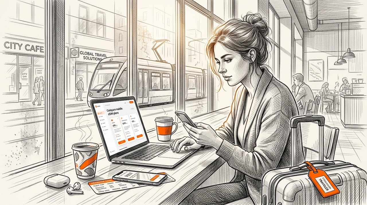 Traveler comparing eSIM options at café table