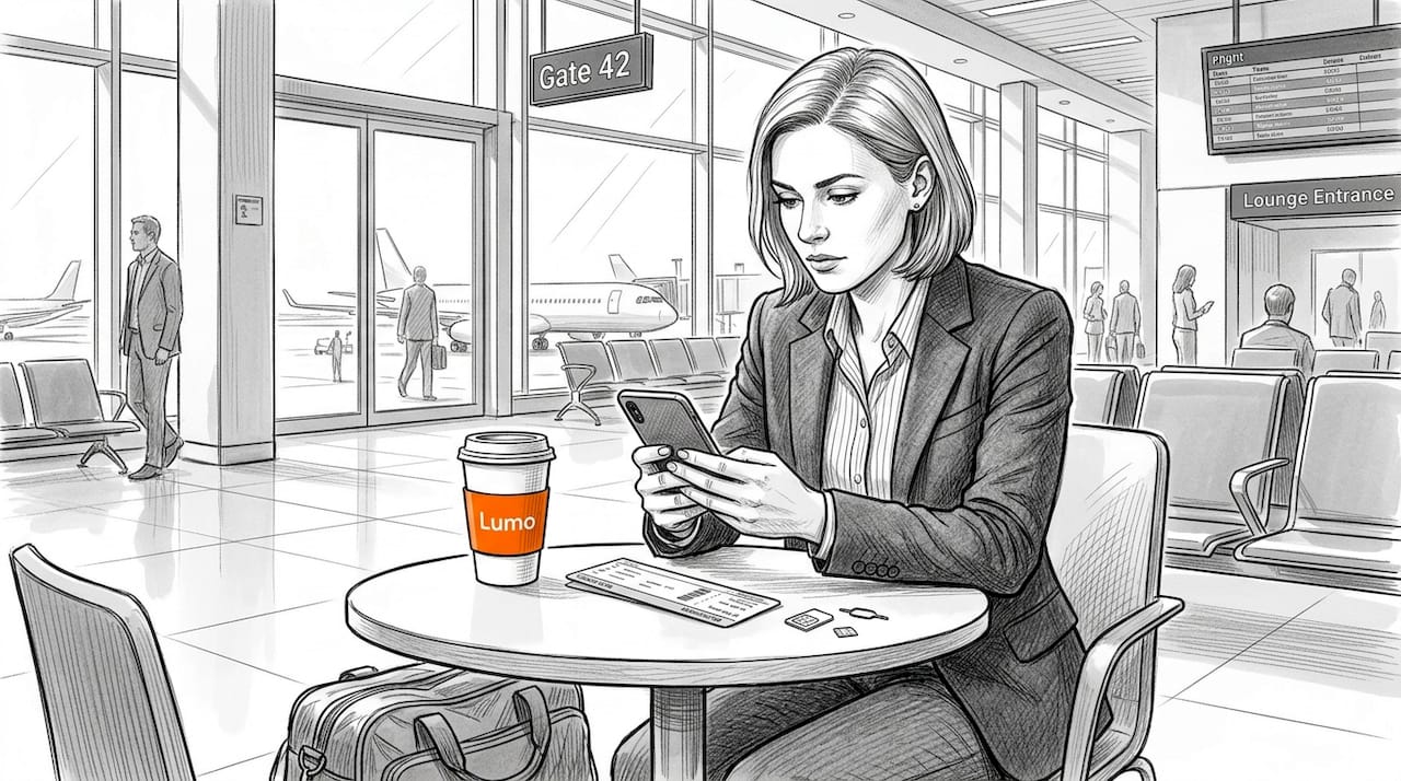 Traveler switching SIM profile in airport lounge