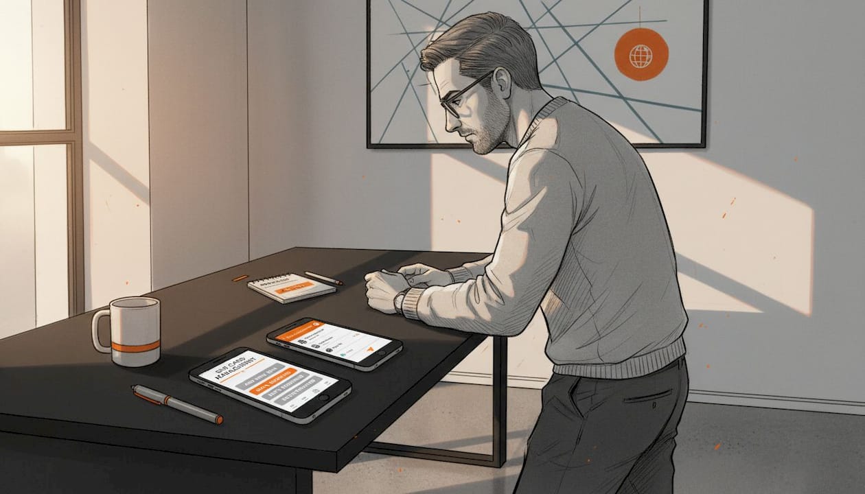 Man managing dual SIM phones at home office desk
