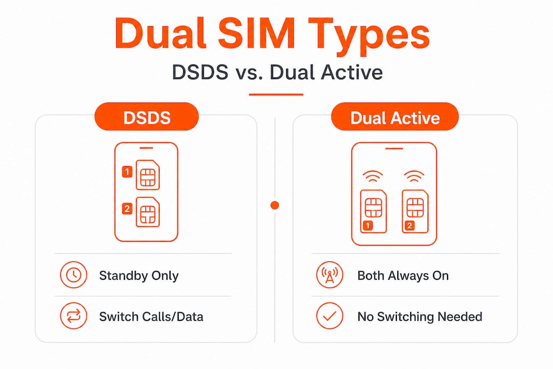Infographic comparing DSDS and Dual Active SIM types