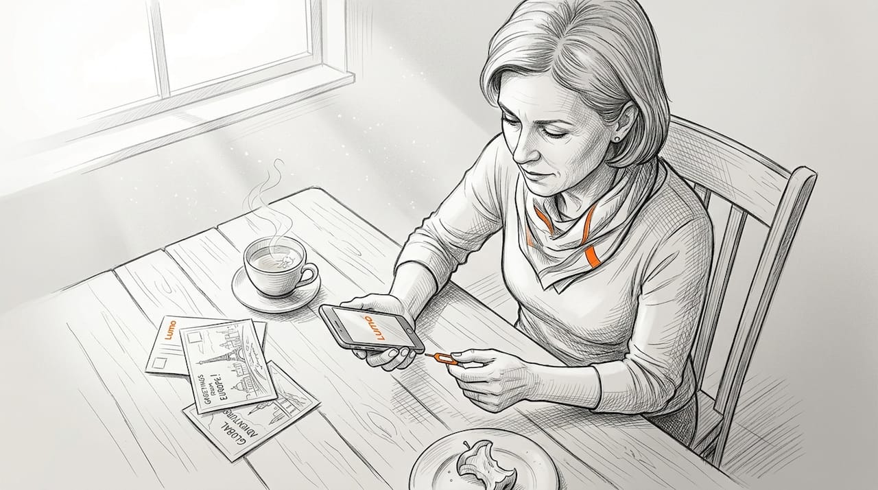 Person preparing to swap SIM cards at kitchen table