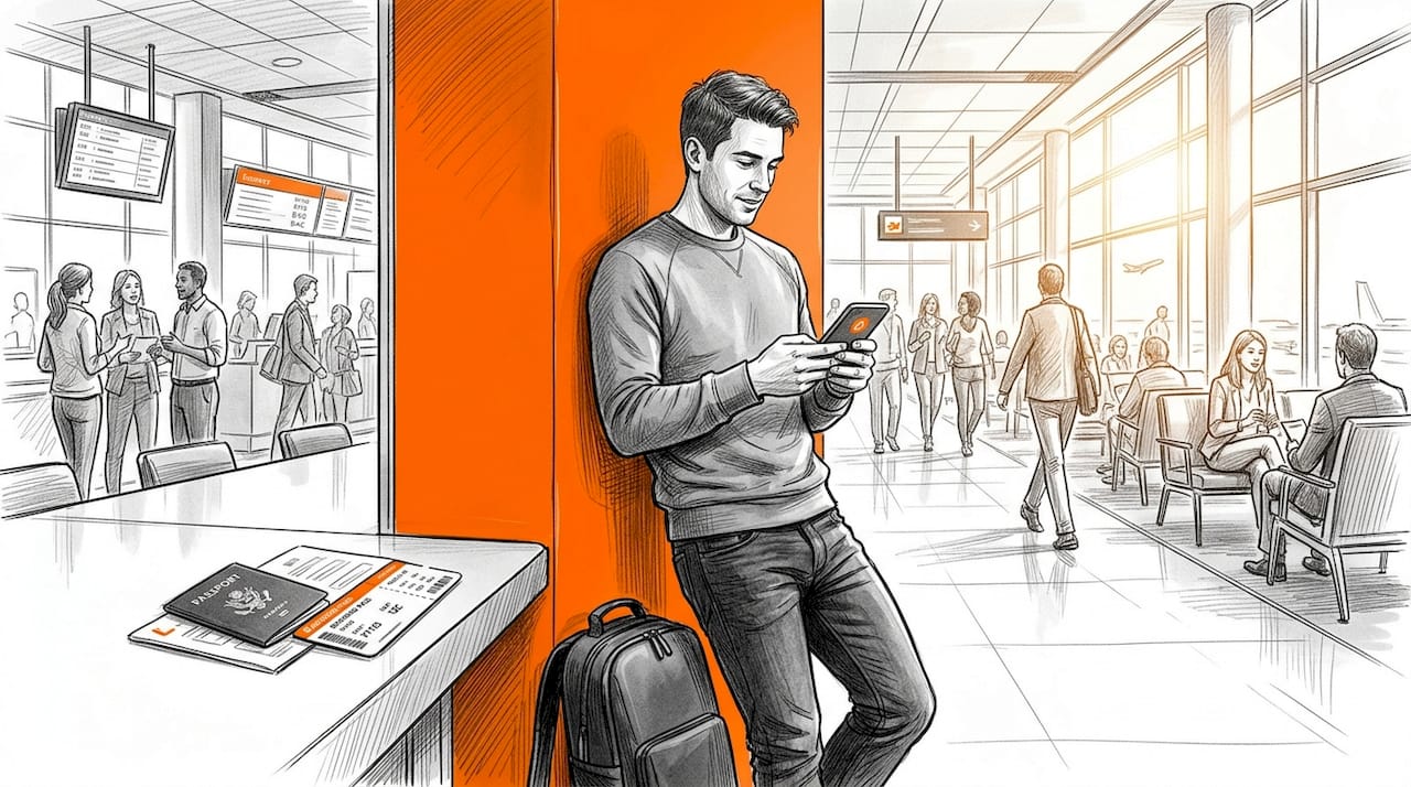 Traveler using phone at airport gate