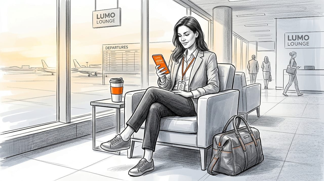 Traveler activating digital SIM in airport lounge