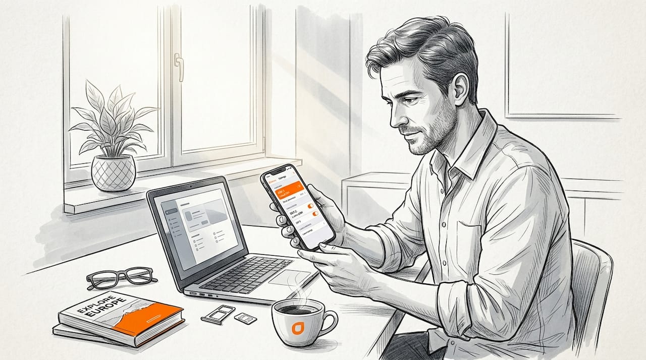 Remote worker using dual SIM setup while traveling