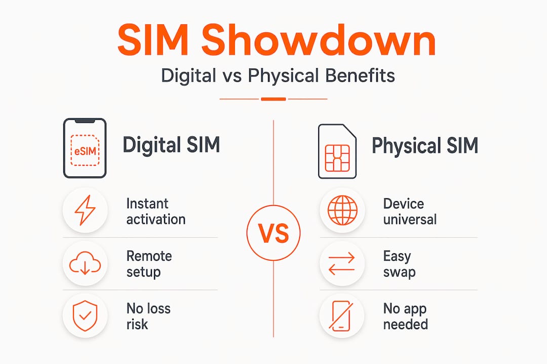 Infographic comparing digital and physical SIM benefits side by side