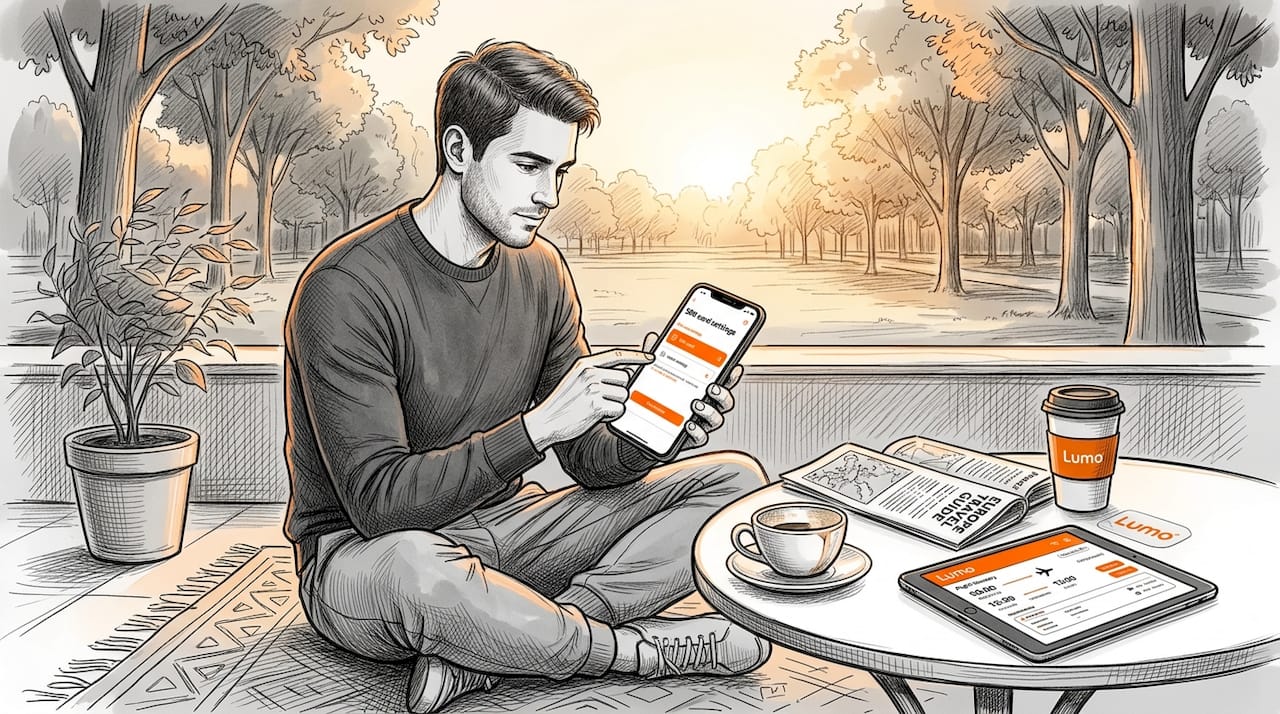 Traveler checking dual SIM setup on smartphone