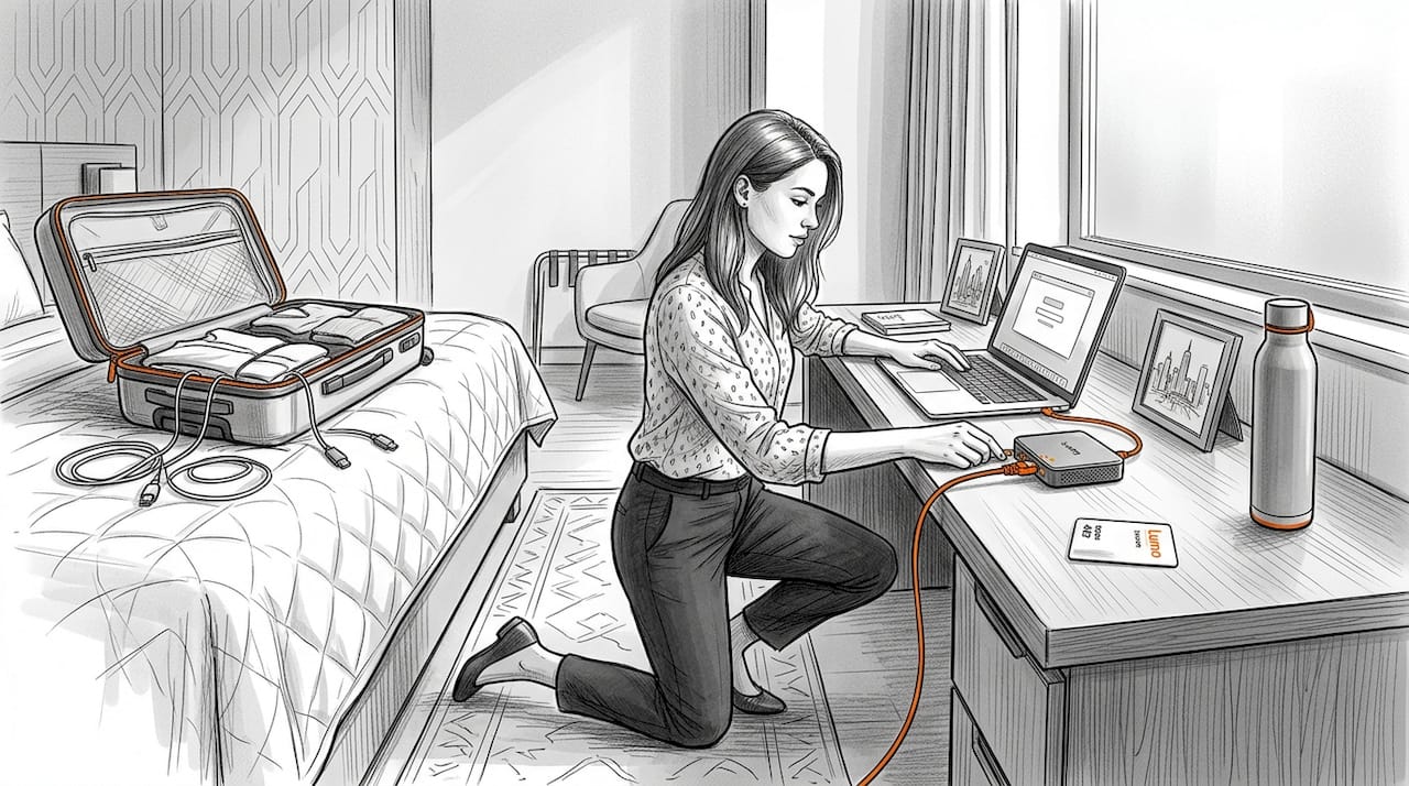 Woman setting up travel router in hotel