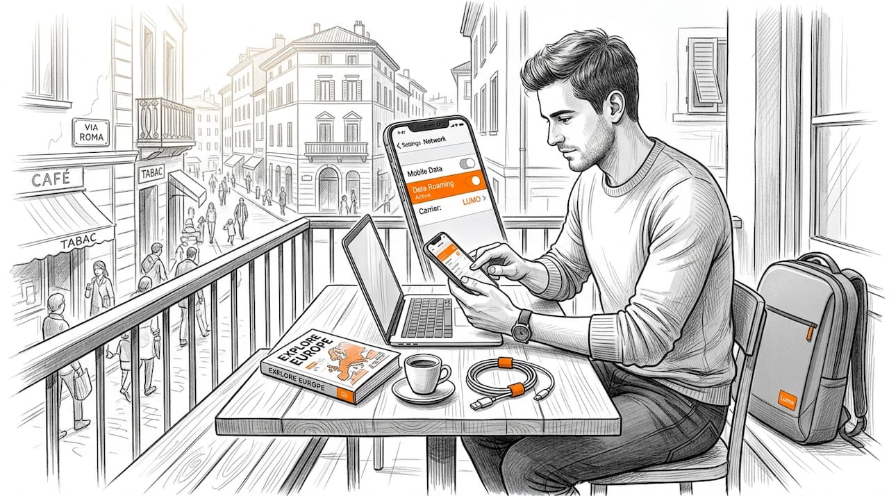 Man setting up devices at European café