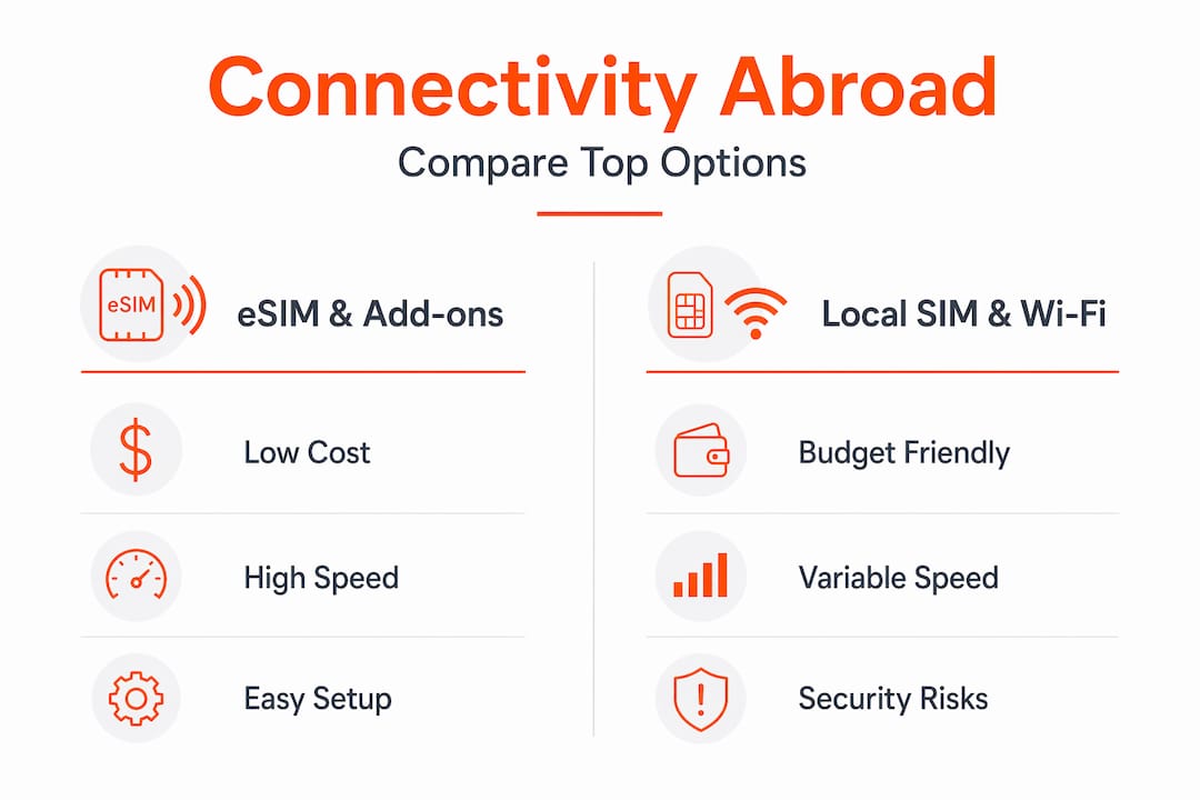 Infographic comparing eSIM, SIM, and Wi-Fi options