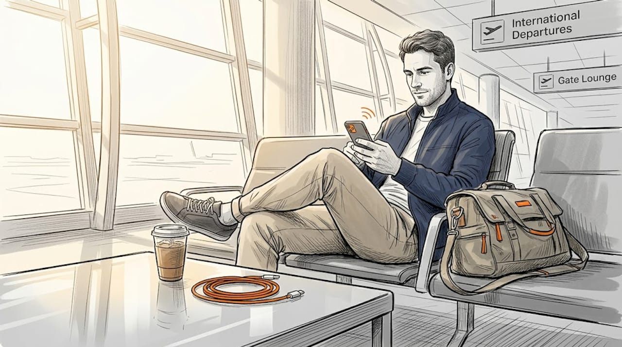 Traveler checks smartphone in bright airport lounge