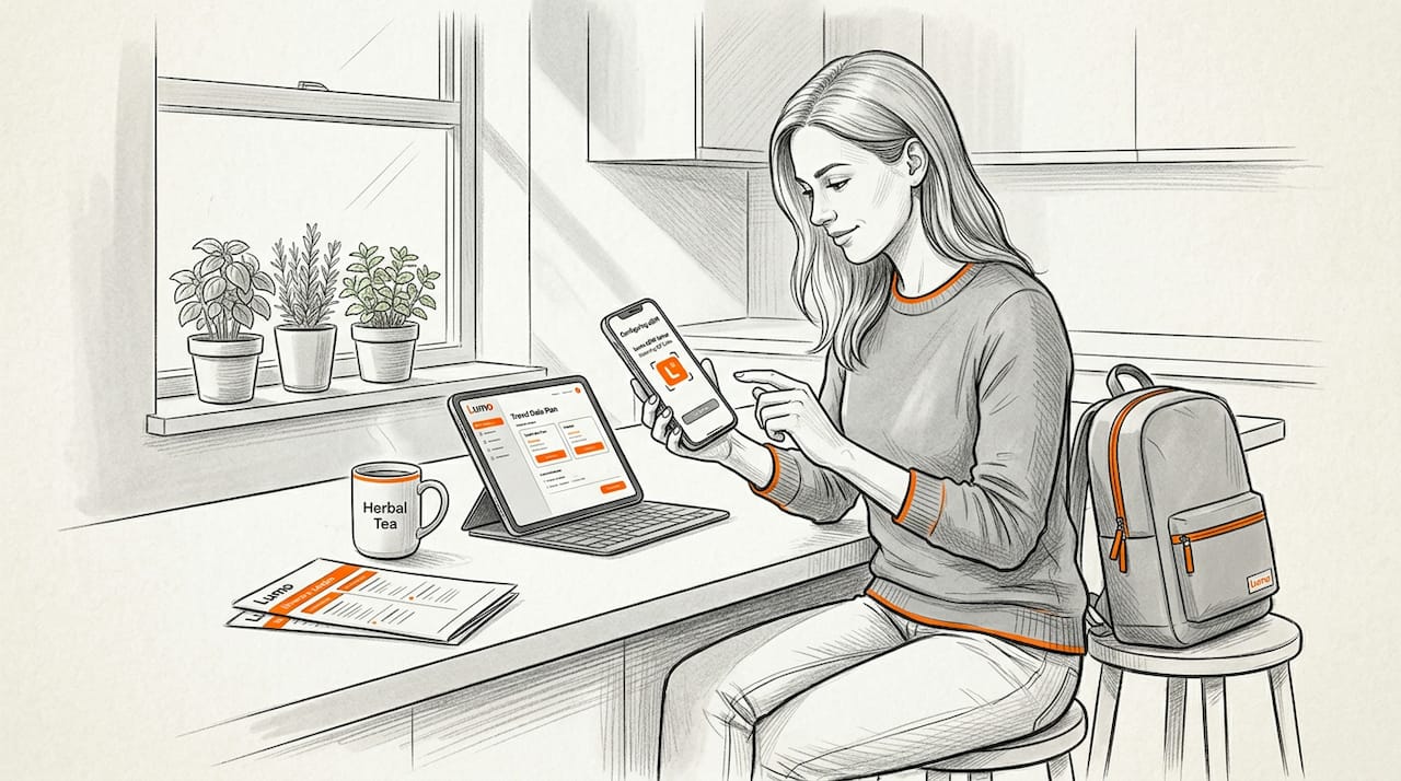 Woman setting up eSIM at kitchen table