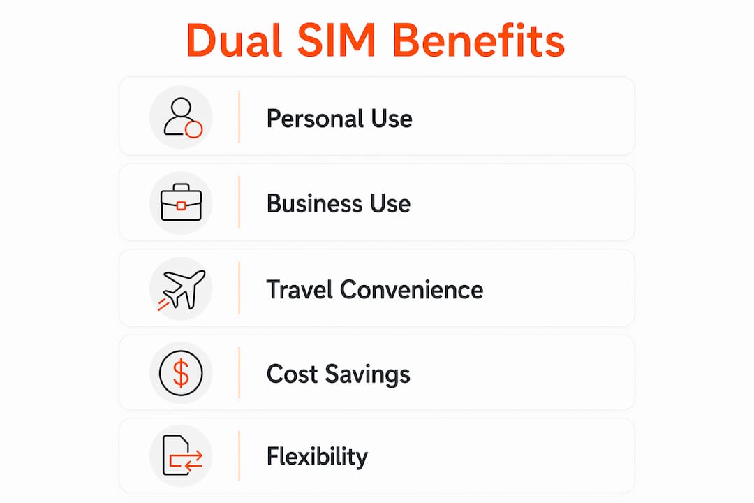 Infographic showing five key benefits of dual SIM functionality