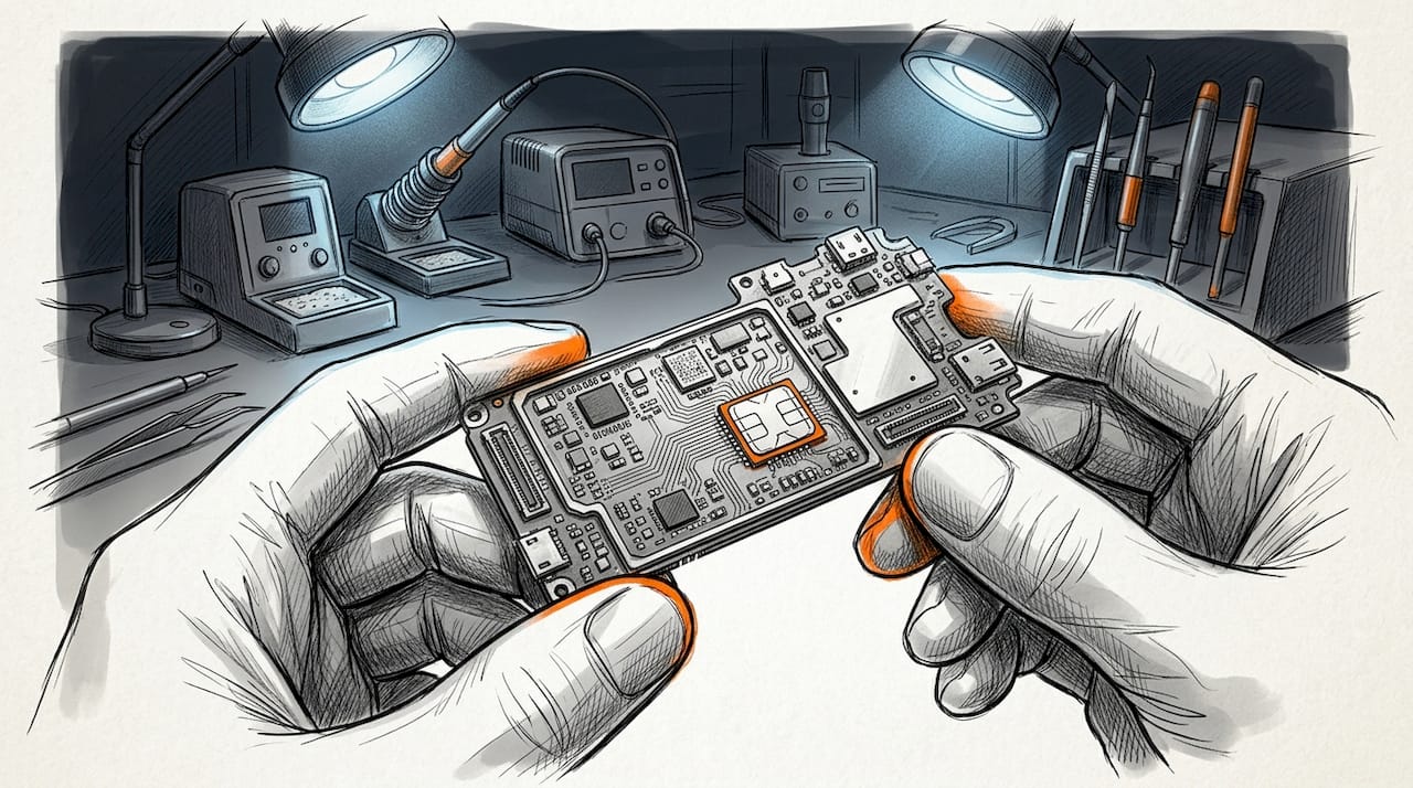 Close-up of embedded SIM chip on smartphone motherboard