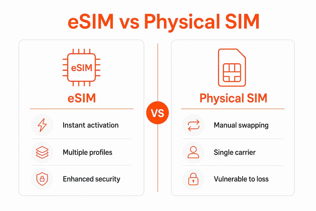Infographic comparing eSIM and physical SIM benefits