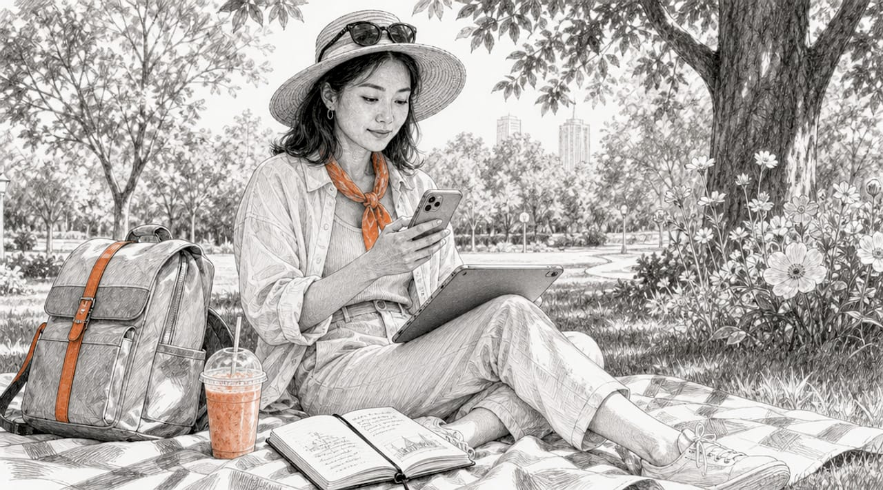 Traveler using smartphone and tablet outdoors reviewing alternatives