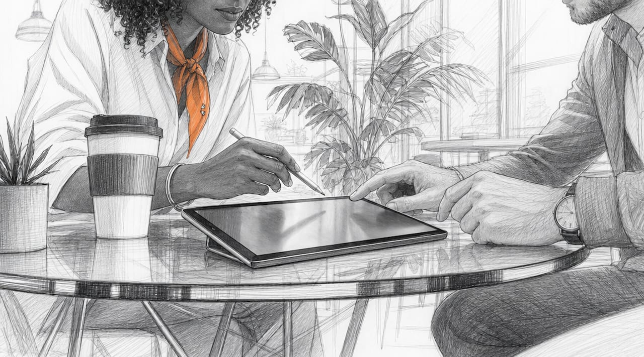 Two professionals collaborating over a tablet in workspace