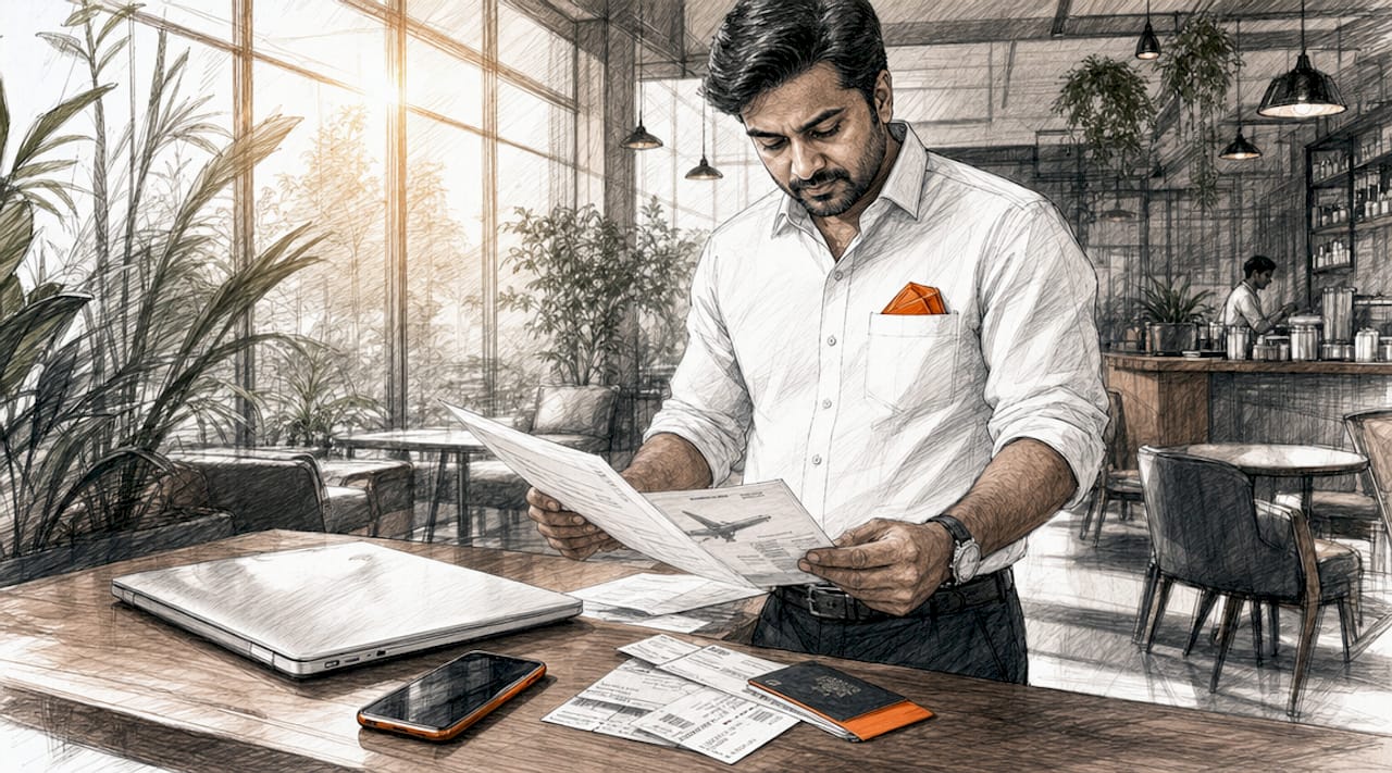 Businessman reviewing international travel documents at desk