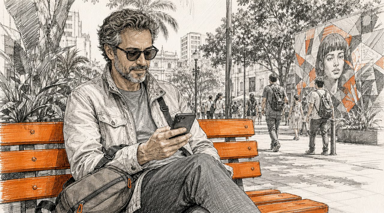 Traveler using smartphone for navigation in city park