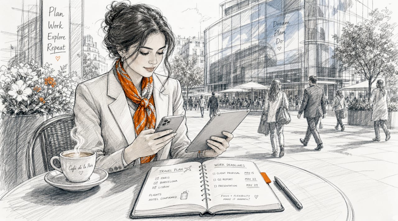 Woman using mobile devices outdoors at airport cafe