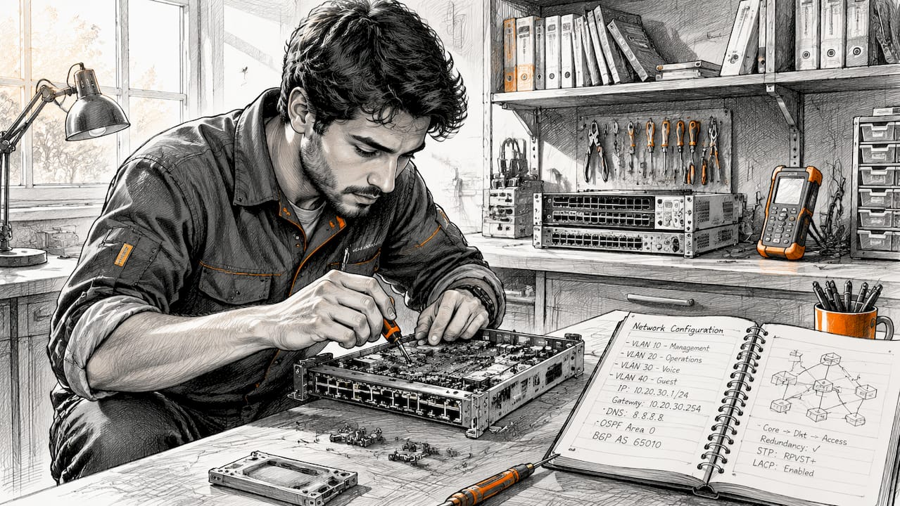 Engineer assembling mobile network hardware detail
