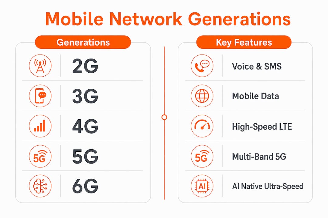 Infographic comparing mobile network generations and features