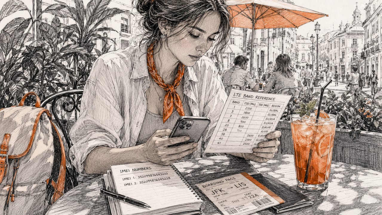 Traveler checking phone network compatibility at airport
