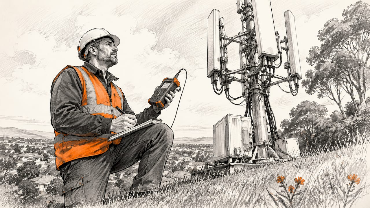 Telecom technician inspecting cellular antenna outdoors
