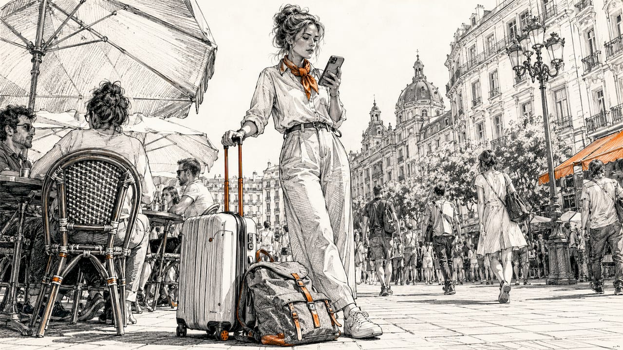 Traveler checking mobile phone signal at airport