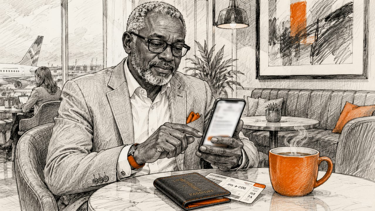 Hands activating eSIM on smartphone at airport lounge