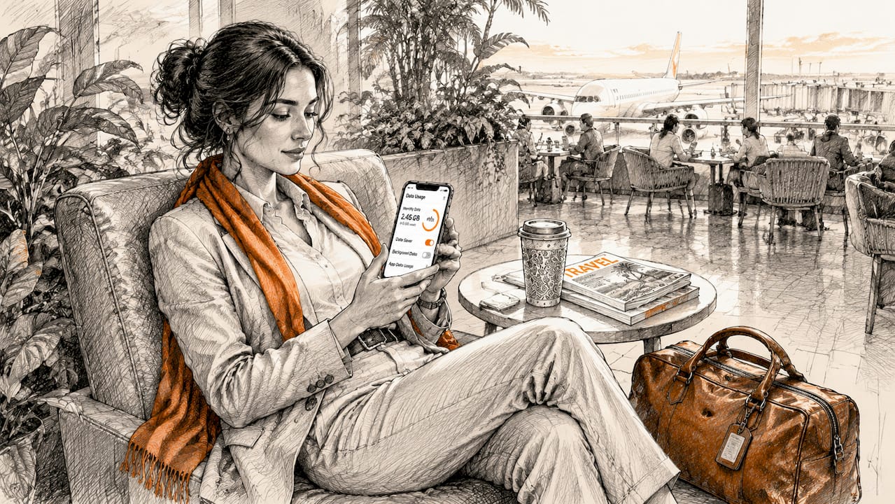 Traveler managing mobile data on smartphone