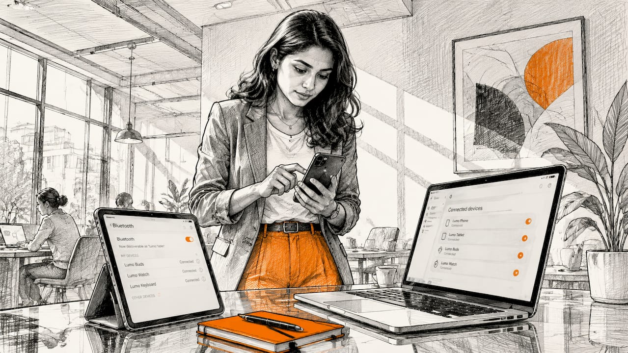 Woman syncing multiple digital devices at home