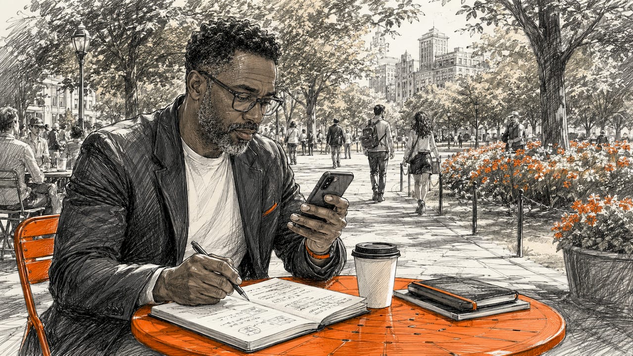 Hands using smartphone and stylus at workspace desk