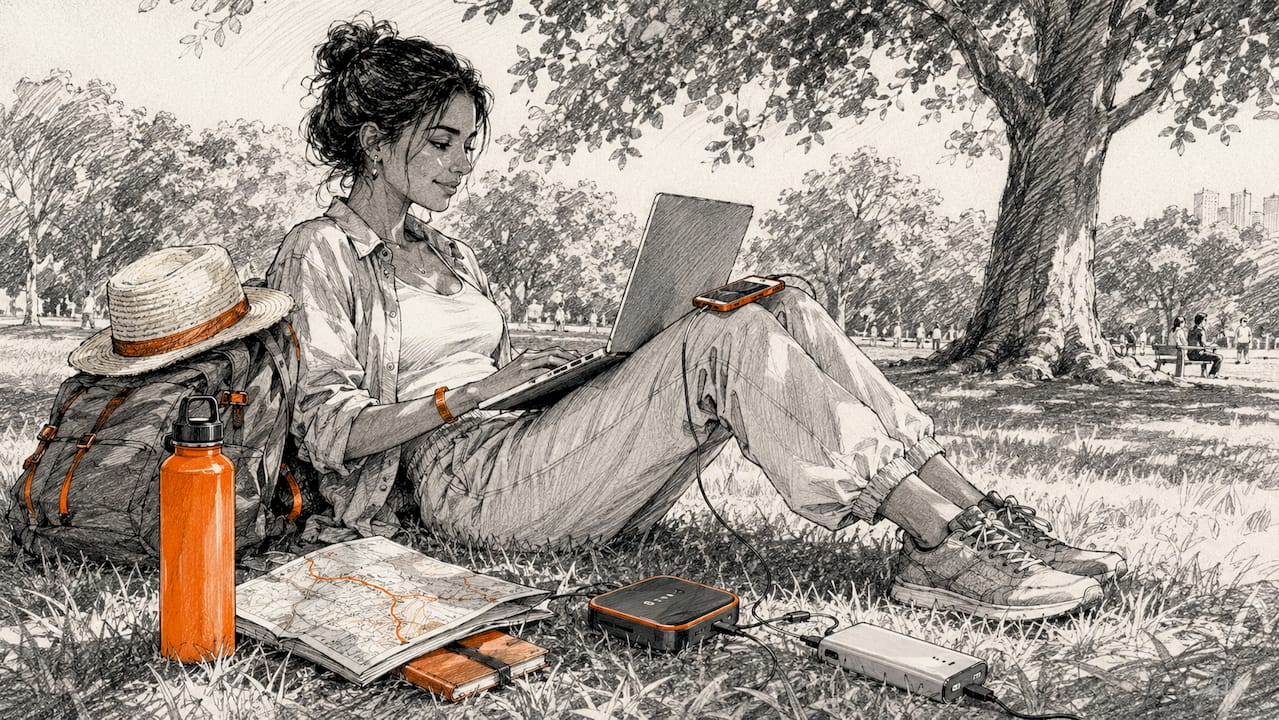 Woman setting up internet outdoors as digital nomad
